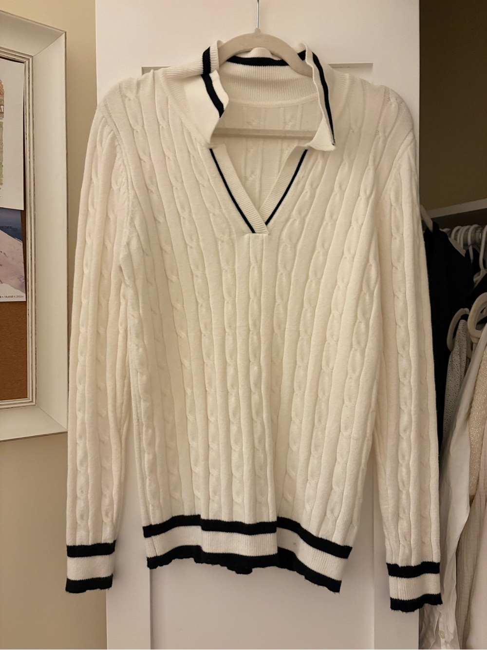 Cable Knit V-Neck Sweater with Contrast Trim